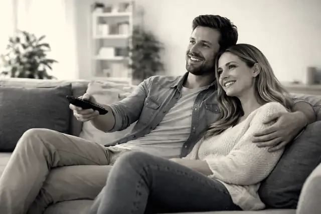 Two people on a sofa choosing a movie from the library on the TV