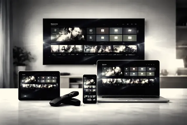 The Nartiel8k movie library open on a living-room TV, with a tablet and a phone beside it