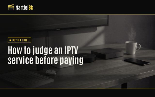 Nartiel8k cover for "How to Choose the Best IPTV Service: A 24-Hour Checklist": a television in a darkened room, shown in black and yellow