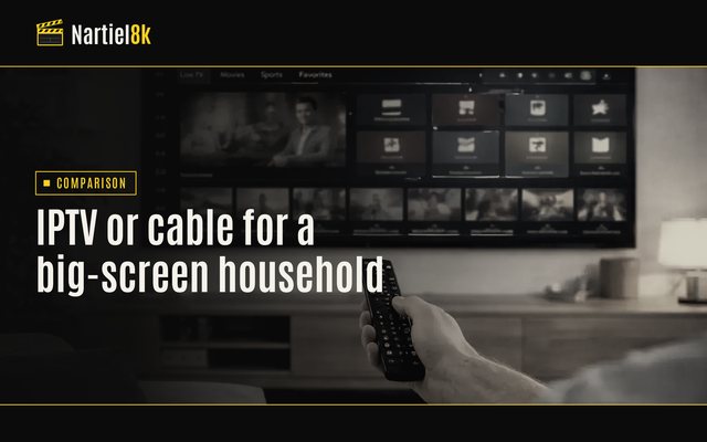 Nartiel8k cover for "IPTV vs cable: what changes for a home that mostly watches movies and series": a television in a darkened room, shown in black and yellow