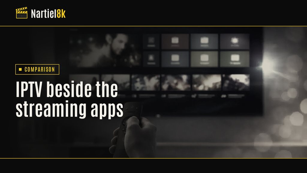 Nartiel8k cover for "IPTV vs OTT Streaming: How Live Channels and On-Demand Apps Differ": a television in a darkened room, shown in black and yellow
