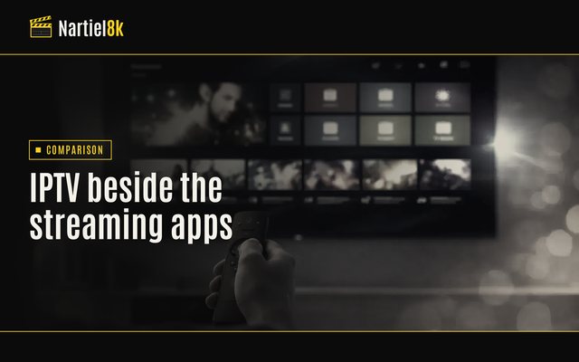 Nartiel8k cover for "IPTV vs OTT Streaming: How Live Channels and On-Demand Apps Differ": a television in a darkened room, shown in black and yellow