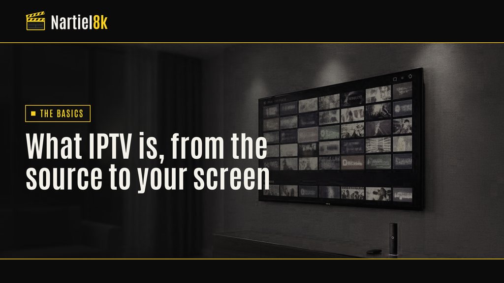 Nartiel8k cover for "What is IPTV? Live channels, on-demand movies and catch-up explained": a television in a darkened room, shown in black and yellow
