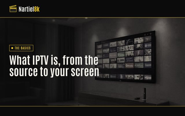 Nartiel8k cover for "What is IPTV? Live channels, on-demand movies and catch-up explained": a television in a darkened room, shown in black and yellow
